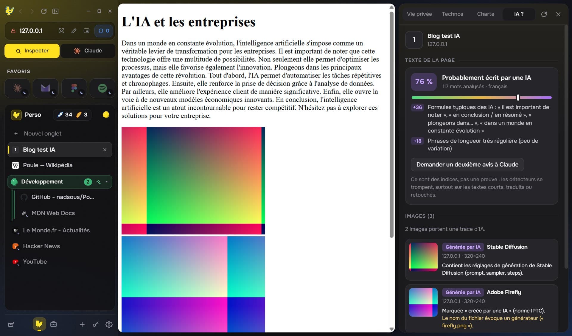 Détecteur d'IA : texte probablement écrit par une IA à 76 %, images générées par Stable Diffusion et Adobe Firefly