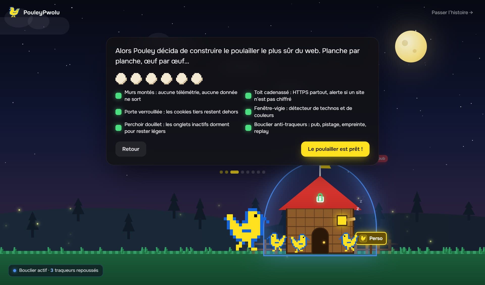Histoire d'installation : Pouley construit un poulailler protégé par un bouclier, la nuit