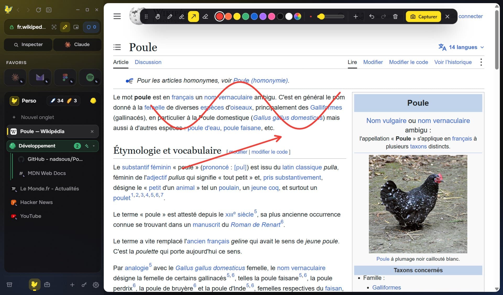 Stylo : flèche et trait rouges dessinés sur une page Wikipédia, barre d'outils du stylo