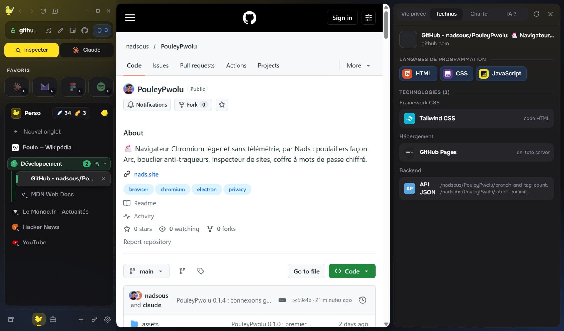Inspecteur des technologies d'un site : HTML, CSS, JavaScript, Tailwind CSS, GitHub Pages
